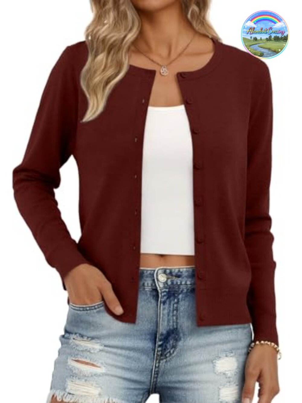 Women's Lightweight Knit Cardigan Button Crew Neck Long Sleeve Sweater